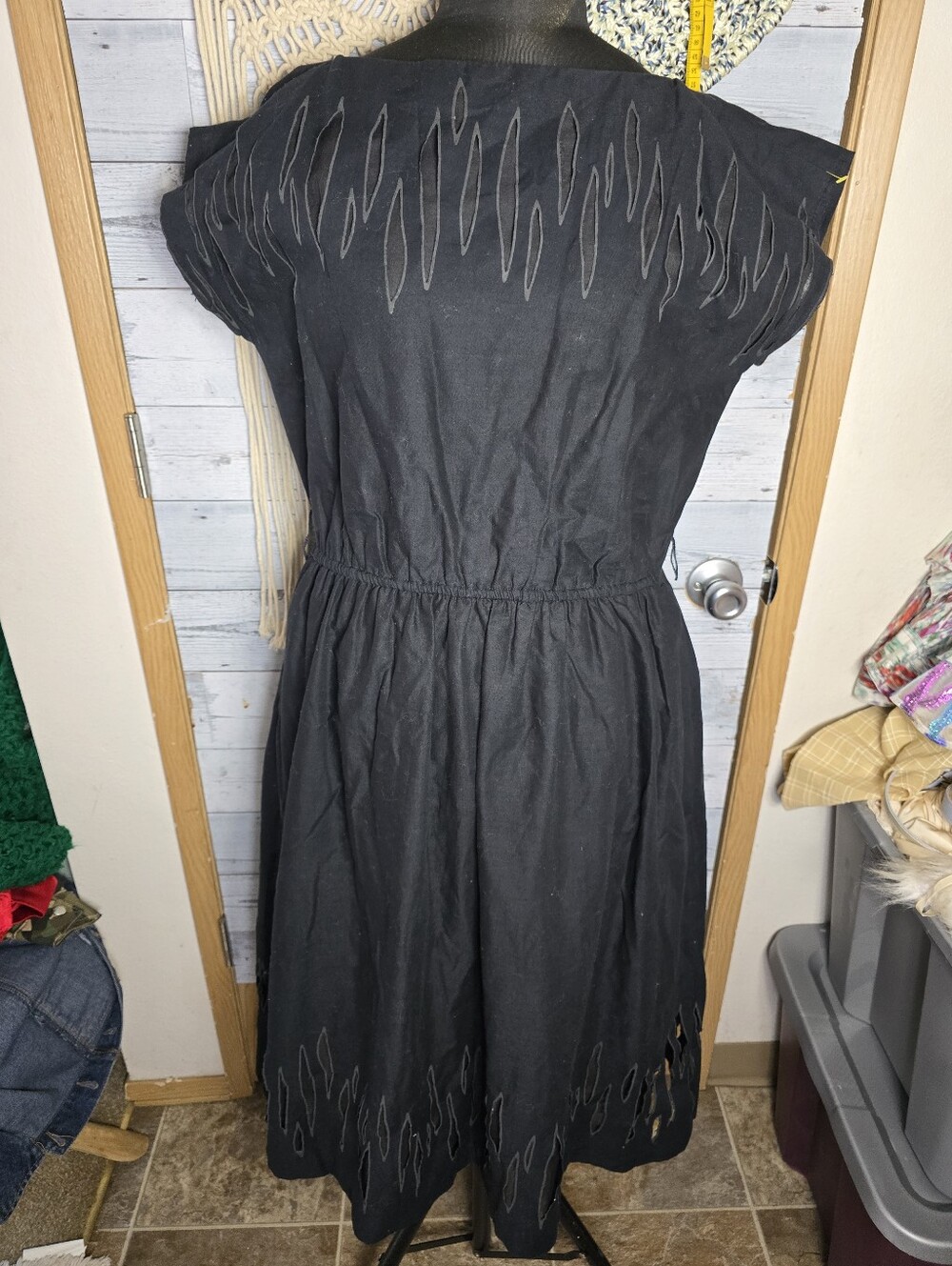 Vtg Whimisgoth Edgy Dark Cottagecore Avant Garde Black Cutout Cotton Midi Dress